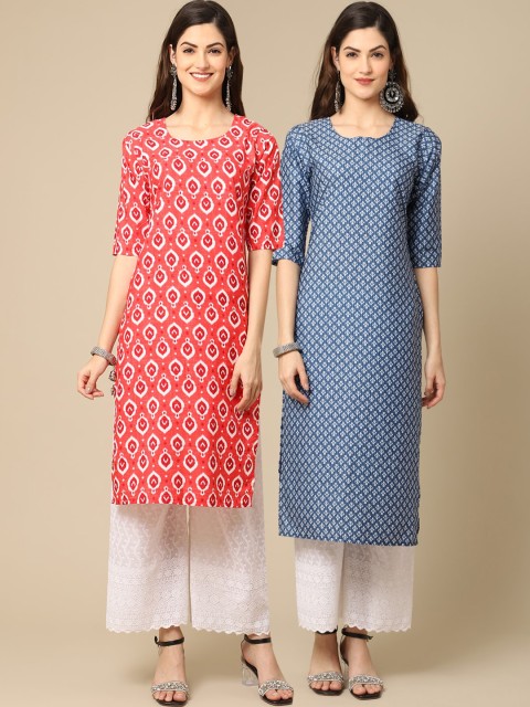 

1 Stop Fashion Women Pack of 2 Peach & Blue Geometric Block Print Crepe Kurta