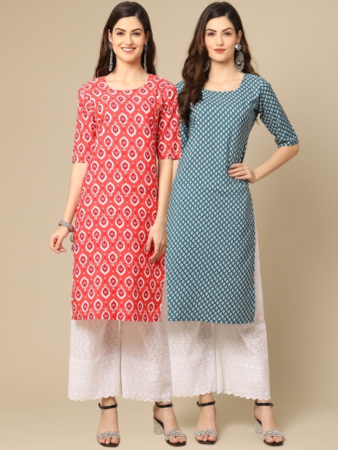 

1 Stop Fashion Women Pack Of 2 Peach-Coloured & Blue Ethnic Motifs Crepe Kurta