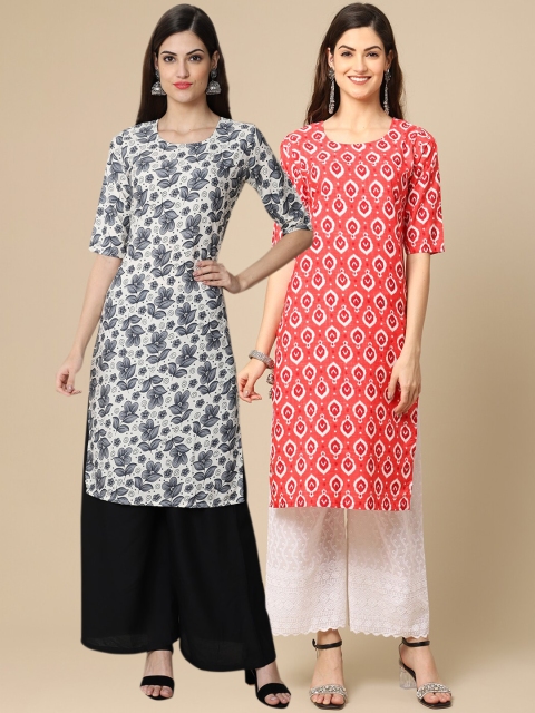 

1 Stop Fashion Women Pack Of 2 Grey & Orange Ethnic Motifs Printed Crepe Kurtas