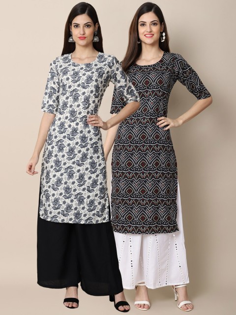 

1 Stop Fashion Women Pack Of 2 Black & White Ethnic Motifs Printed Block Print Crepe Kurta