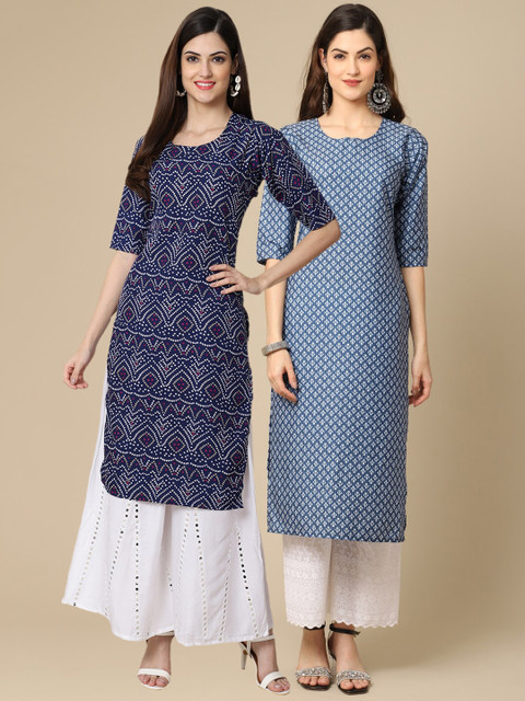 

1 Stop Fashion Women Navy Blue & Blue Pack of 2 Ethnic Motifs Printed Crepe Kurta