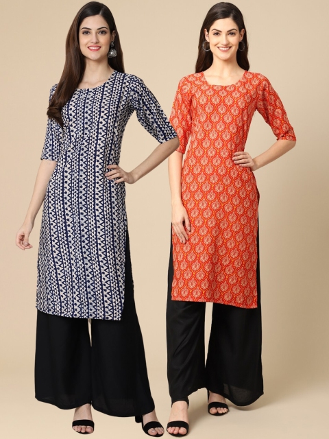 

1 Stop Fashion Women Pack of 2 Blue & Orange Printed Crepe Straight Kurta