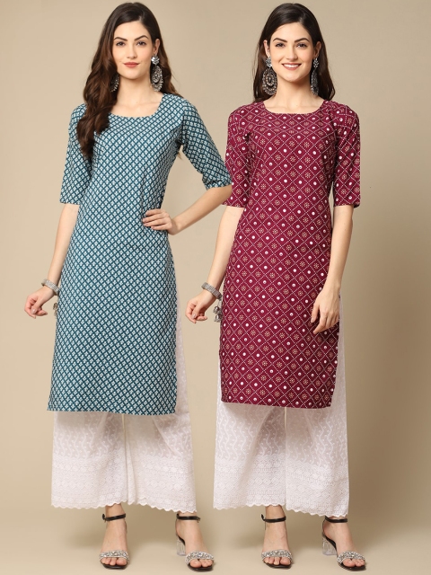 

1 Stop Fashion Women Maroon & Sea Green 2 Printed Crepe Kurta
