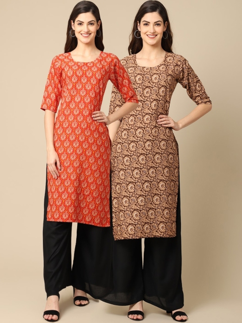 

1 Stop Fashion Women Pack of 2 Orange & Brown Ethnic Motifs Printed Crepe Kurta