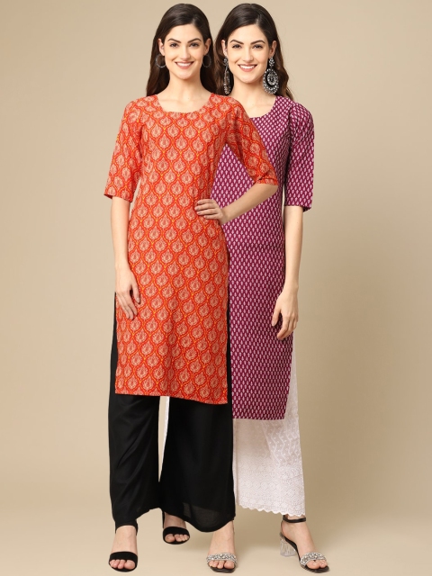 

1 Stop Fashion Women Pack Of 2 Orange & Maroon Ethnic Motifs Printed Crepe Kurtas