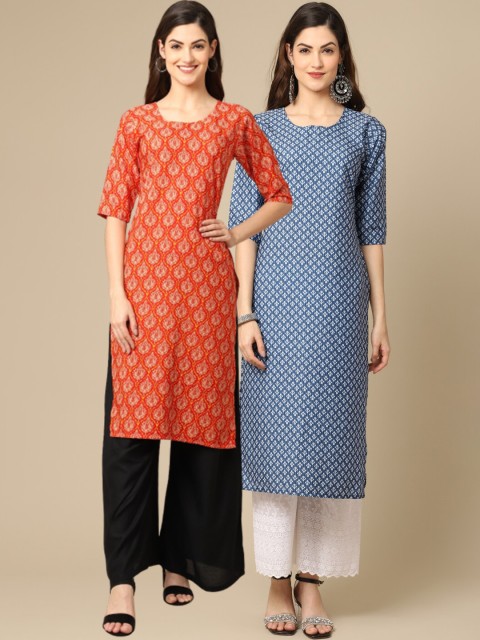 

1 Stop Fashion Women Pack Of 2 Orange & Blue Ethnic Motifs Printed Block Print Crepe Kurta
