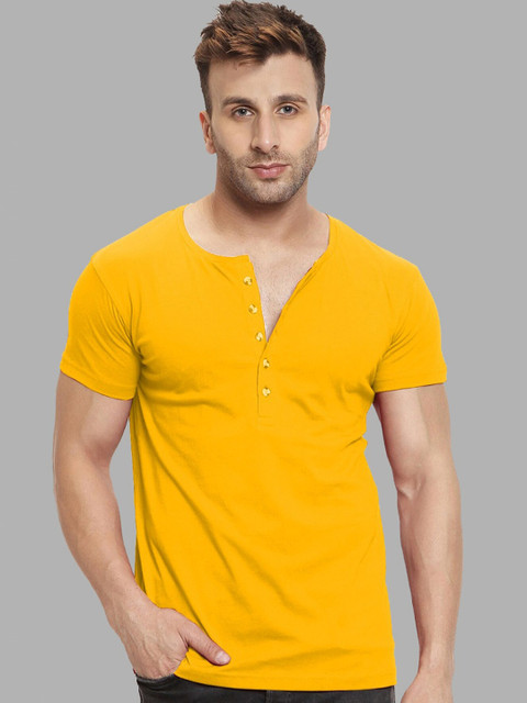 

Rodzen Men Mustard Yellow Solid Henley Neck Pure Cotton T-shirt