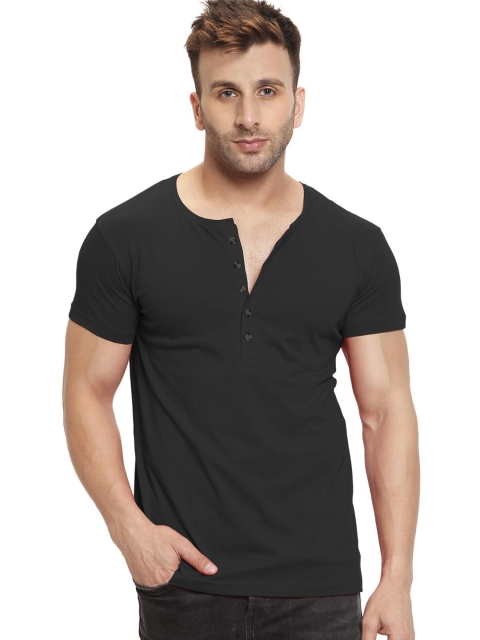 

Rodzen Men Black Henley Neck Pure Cotton T-shirt