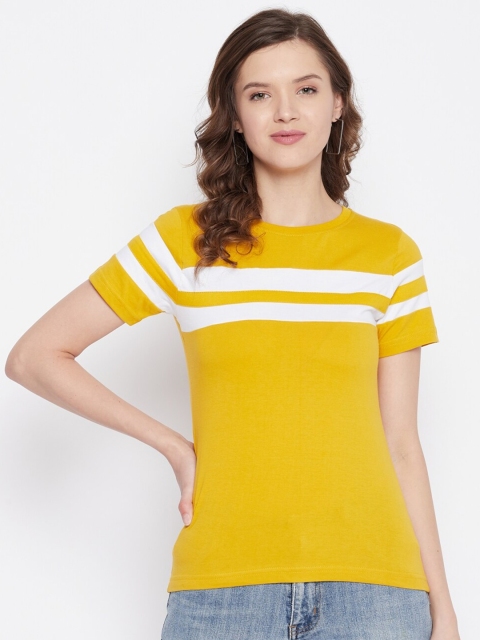 

Rodzen Women Mustard Yellow & White Striped Pure Cotton T-shirt