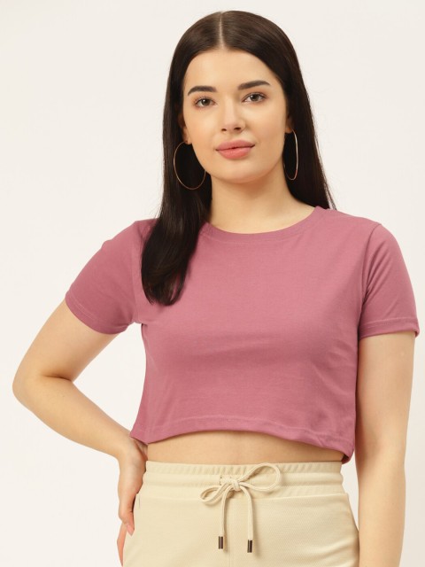 

Rodzen Women Rose Pure Cotton Solid Crop T-shirt