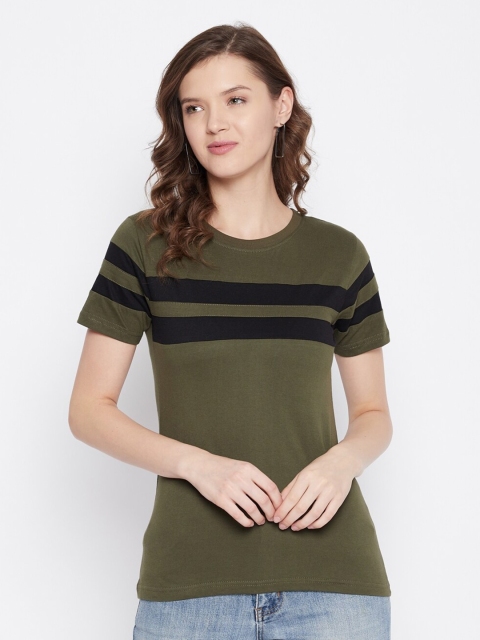 

Rodzen Women Olive Green & Black Colourblocked Pure Cotton T-shirt