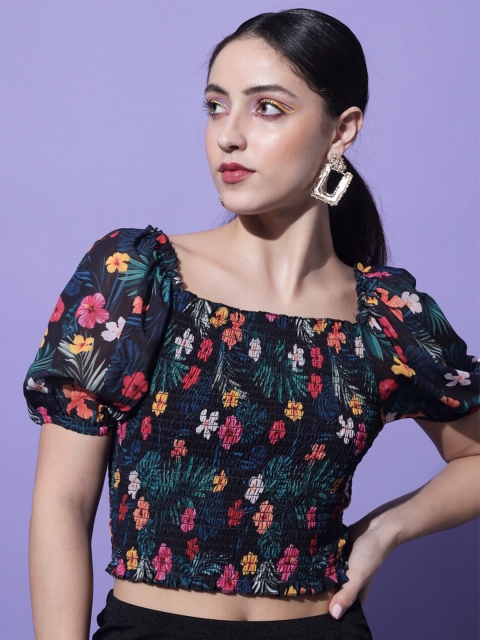

Slenor Black Floral Print Crop Top