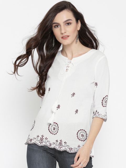 

HERE&NOW Women White & Brown Semi-Transparent Embroidered Top