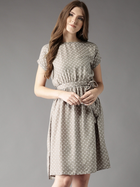 

HERE&NOW Women Taupe & Off-White Printed Fit and Flare Dress