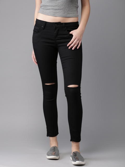 

HERE&NOW Women Black Skinny Fit Mid-Rise Slash Knee Stretchable Cropped Jeans