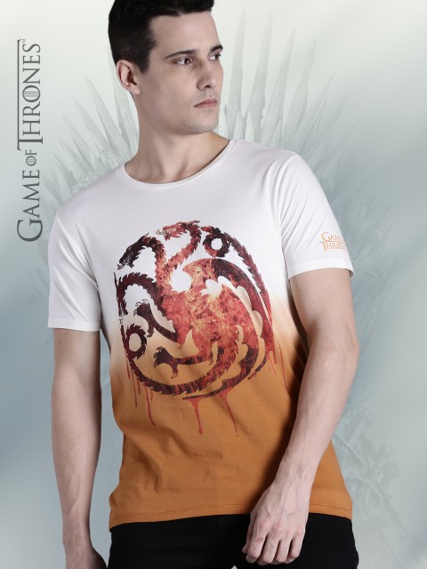 

Game of Thrones by Kook N Keech Men Off-White & Rust Orange Printed Round Neck T-shirt