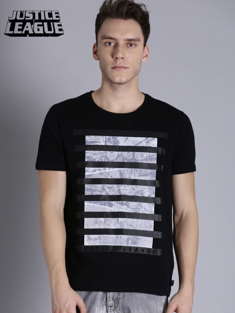 

Justice League Men Black Striped Round Neck T-shirt