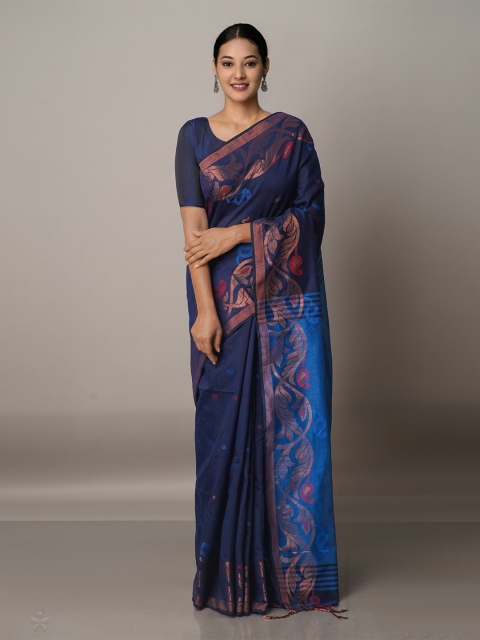 

Unnati Silks Navy Blue & Red Zari Silk Cotton Jamdani Saree