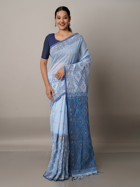 

Unnati Silks Blue & Gold-Toned Woven Design Zari Silk Cotton Jamdani Saree