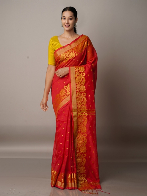 

Unnati Silks Red & Gold-Toned Ethnic Motifs Zari Silk Cotton Jamdani Saree