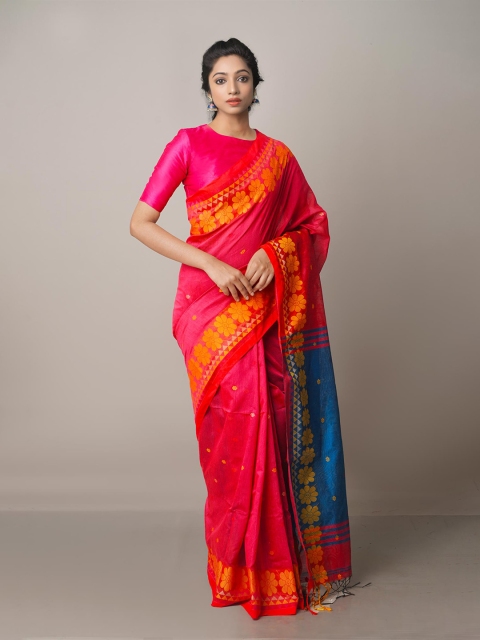 

Unnati Silks Pink & Blue Woven Design Handloom Jamdani Saree