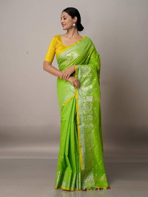 

Unnati Silks Green & Silver-Toned Woven Design Handloom Jamdani Saree