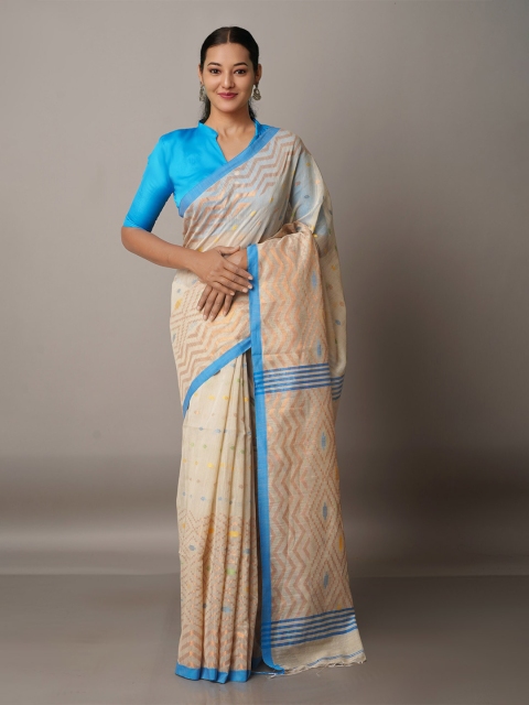 

Unnati Silks Cream-Coloured & Blue Woven Design Zari Silk Cotton Jamdani Saree