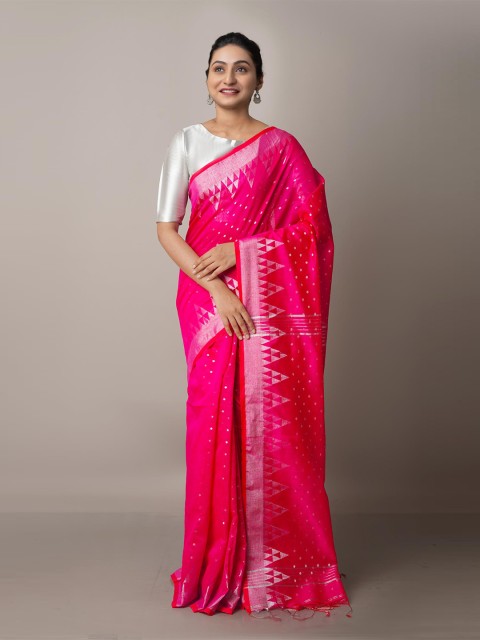 

Unnati Silks Pink & Silver-Toned Linen Blend Jamdani Saree