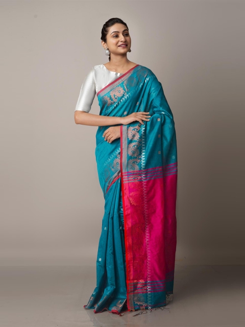 

Unnati Silks Teal Green & Pink Paisley Zari Linen Blend Jamdani Saree