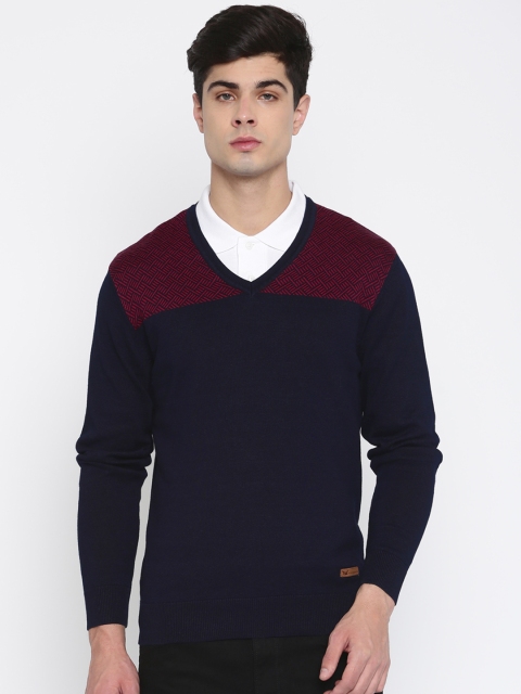 

Arrow Blue Jean Co. Men Navy Blue & Red Self Design Pullover