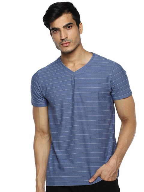 

Red Chief Men Blue Striped V-Neck Cotton T-shirt