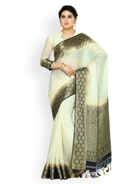 

MIMOSA Off-White & Black Poly Crepe Woven Design Kanjeevaram Saree