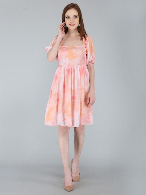 

OMASK Women Pink & Orange Satin Puffed Sleeve Dress