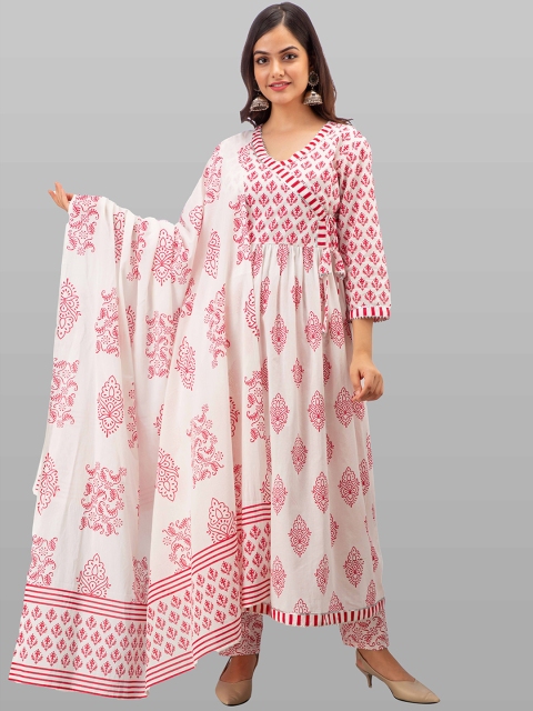 

OMASK Women White Floral Yoke Design Gotta Patti Pure Cotton Kurta with Trousers & With Dupatta