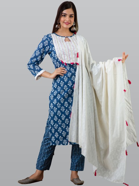 

OMASK Women Blue Floral Yoke Design Pure Cotton Kurta with Trousers & With Dupatta