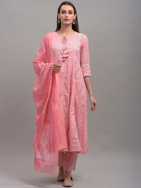 

OMASK Women Pink Paisley Yoke Design Pure Cotton Kurta with Trousers & With Dupatta