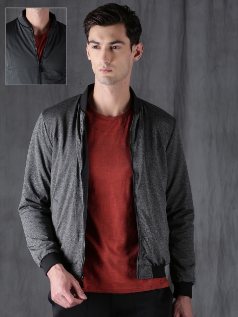 

WROGN Men Grey Solid Slim Fit Bomber Open Front Jacket