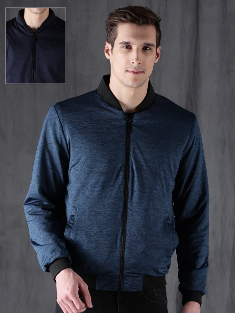 

WROGN Men Blue Slim Fit Self Design Reversible Bomber Jacket