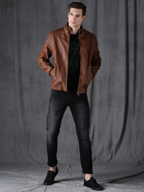 

WROGN Men Tan Solid Biker Jacket