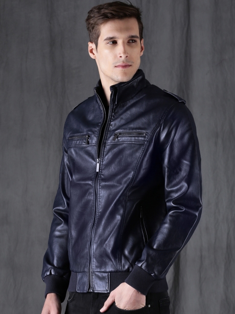 

WROGN Men Navy Blue Solid Biker Jacket