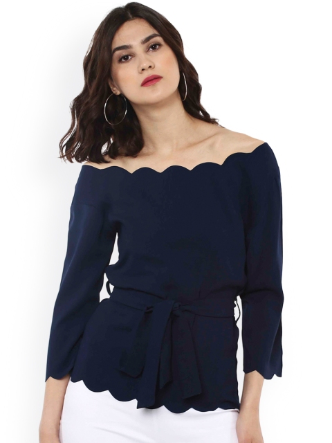 

SASSAFRAS Women Navy Blue Solid Bardot Top