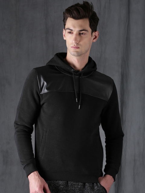 

WROGN Men Black Solid Hooded Sweatshirt