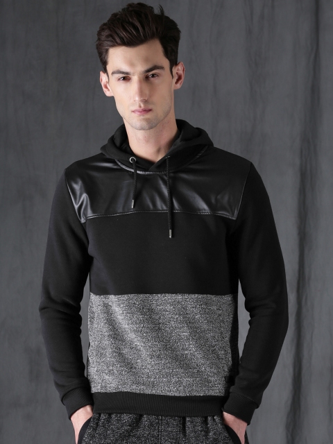 

WROGN Men Black & Grey Colourblocked Hooded Sweatshirt