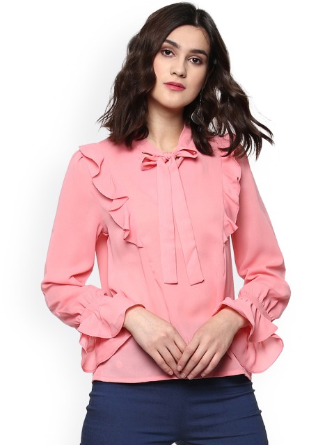 

SASSAFRAS Women Pink Solid Top with Ruffles