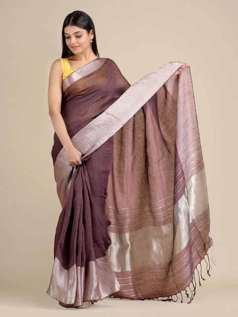 

Mitera Coffee Brown & Silver-Toned Zari Pure Linen Saree