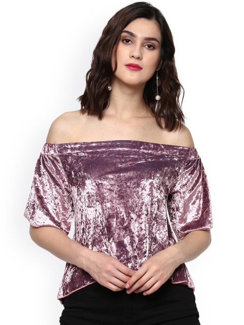 

SASSAFRAS Women Mauve Solid Velvet Finish Bardot Top