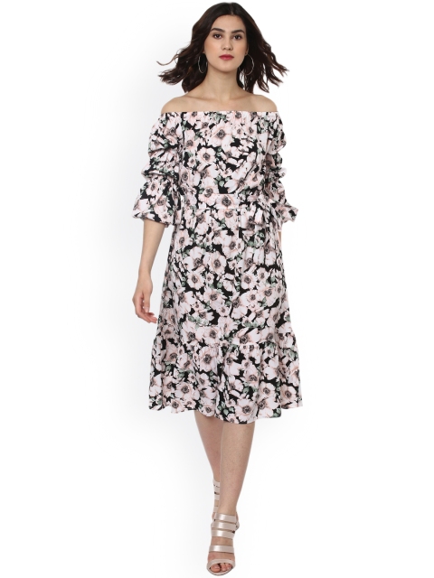 

SASSAFRAS Women Black & Peach-Coloured Printed Off-Shoulder Fit & Flare Dress