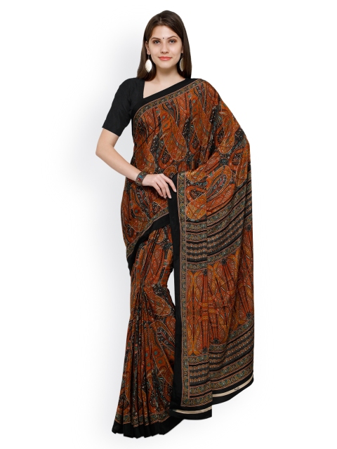 

Ligalz Rust Orange Printed Poly Crepe Saree