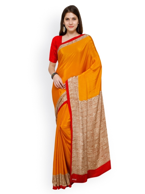 

Ligalz Orange Striped Poly Crepe Saree