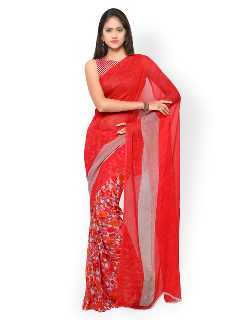 

Ligalz Red Printed Poly Chiffon Half-and-Half Saree